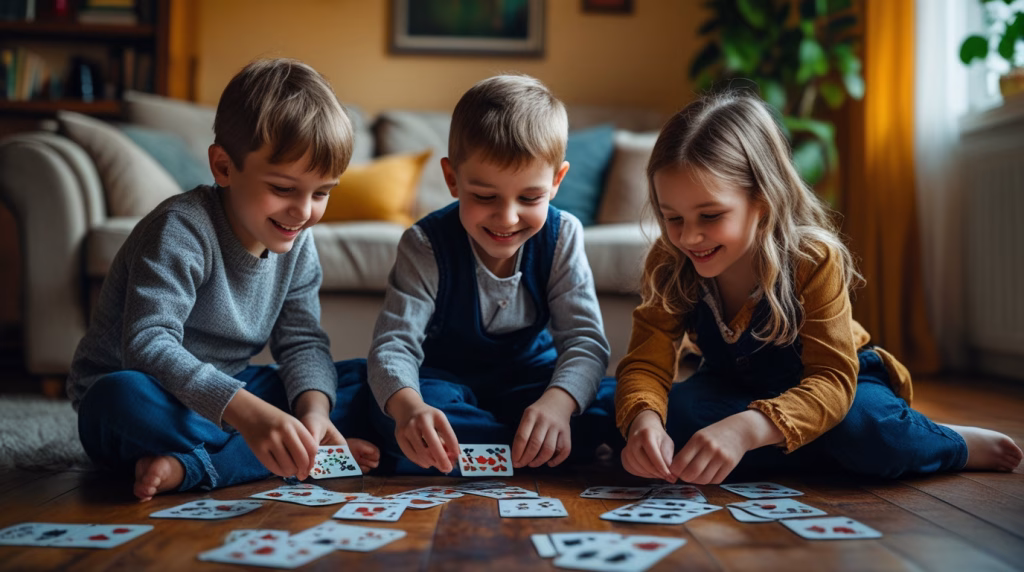 Три деца играят карти на пода — игрови урок по български език в семеен пакет